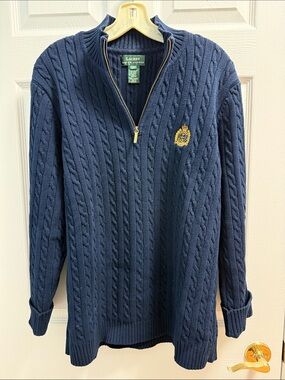 Lauren Ralph Lauren Navy Cable-Knit Half-Zip Sweater with Gold Crest Accent